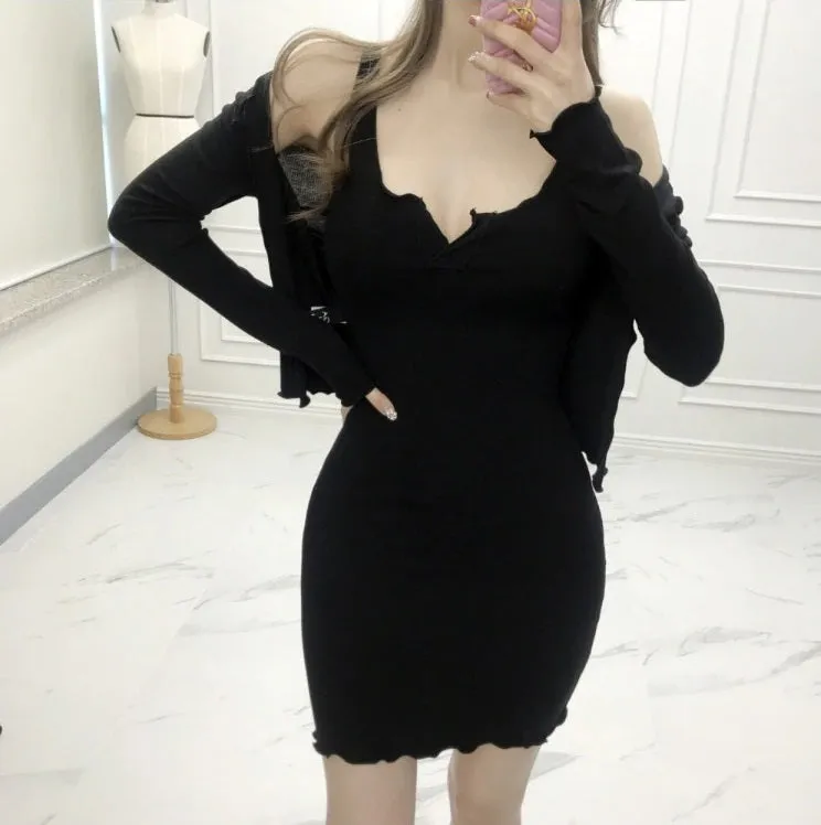 Spring Autumn Skinny Slim Elastic Bodycon Sexy Evening Party Long Sleeve Mini Dress