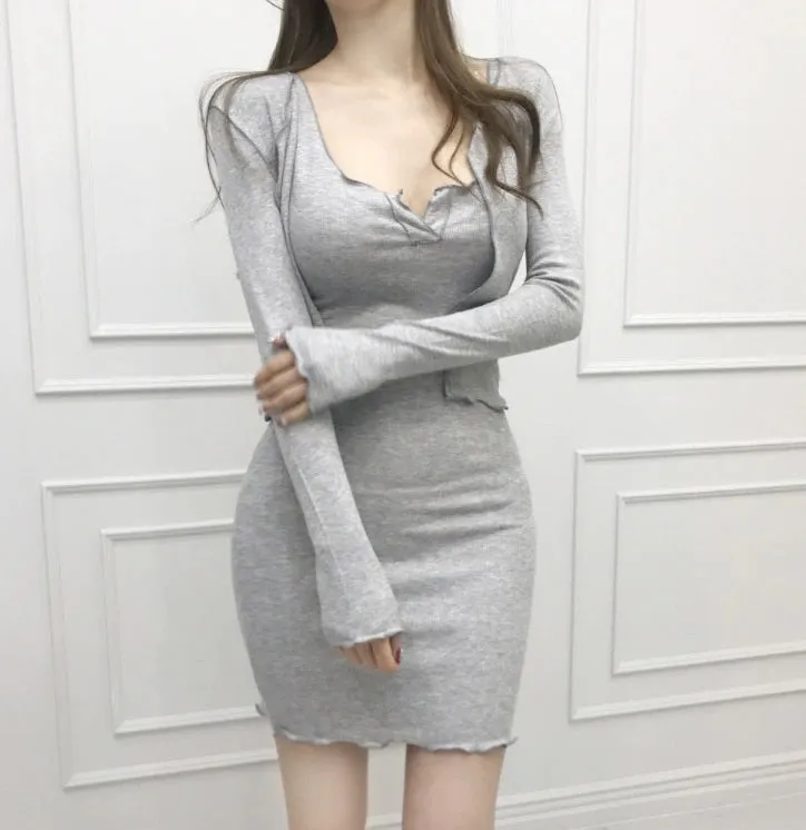 Spring Autumn Skinny Slim Elastic Bodycon Sexy Evening Party Long Sleeve Mini Dress