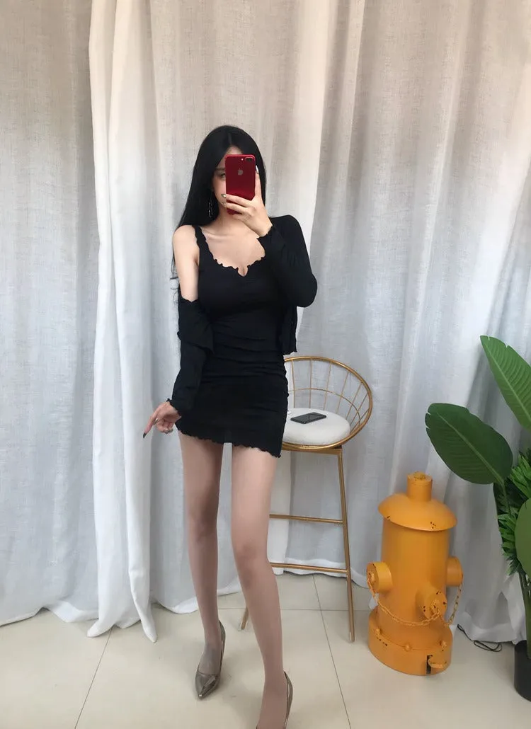 Spring Autumn Skinny Slim Elastic Bodycon Sexy Evening Party Long Sleeve Mini Dress