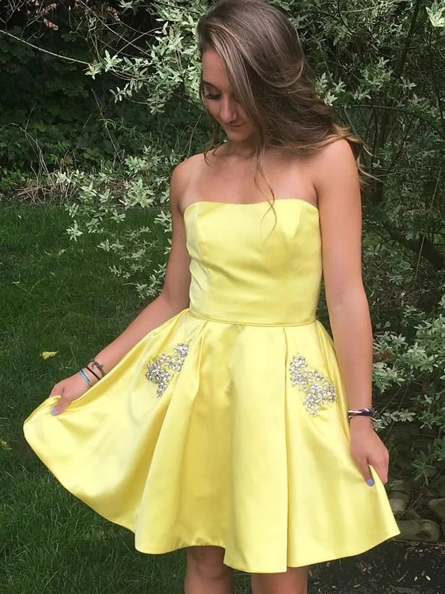 Strapless Short Yellow Prom with Pockets, Yellow Formal Graduation Homecoming