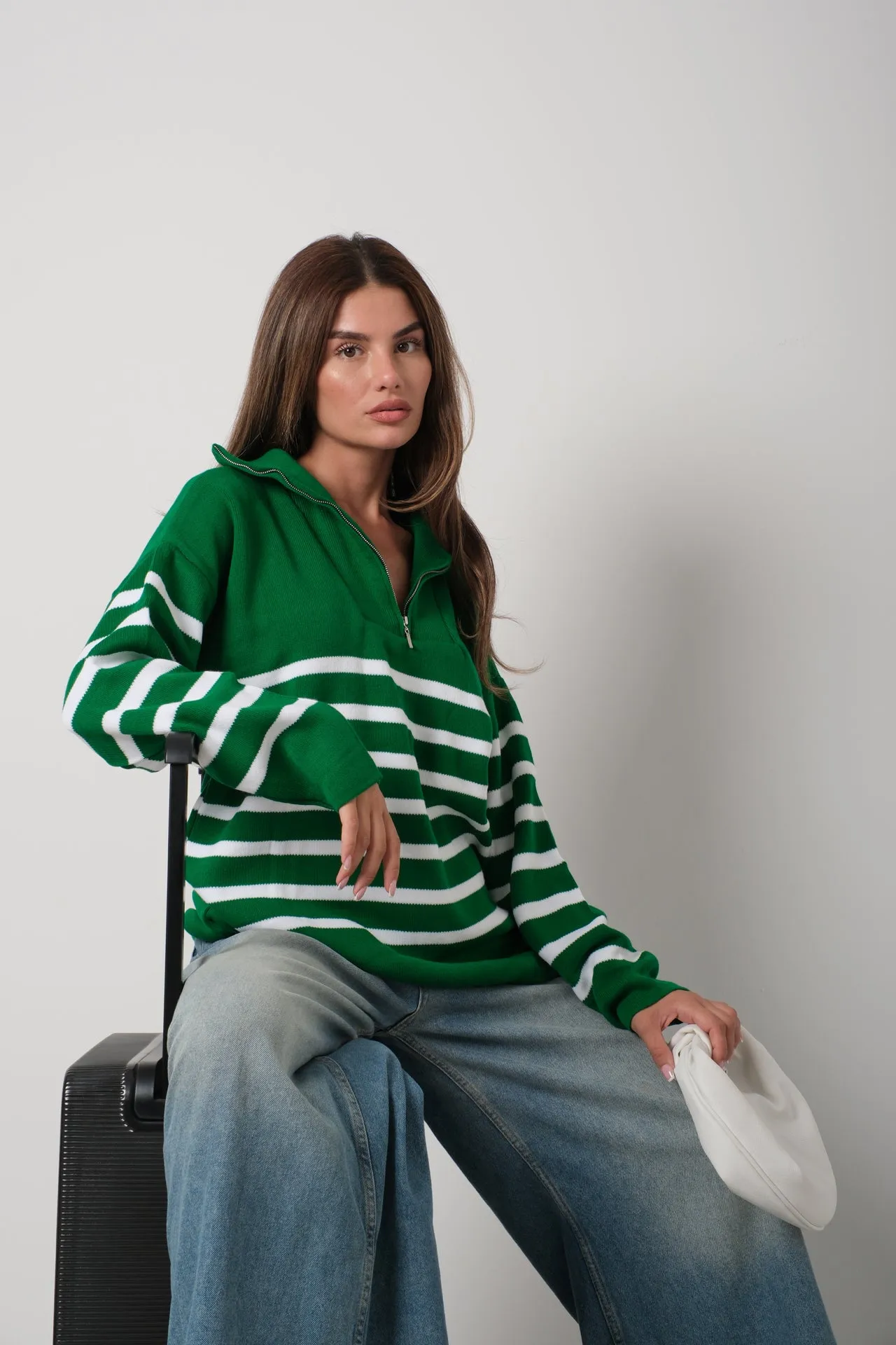 Striped Zippered Knitwear Sweater