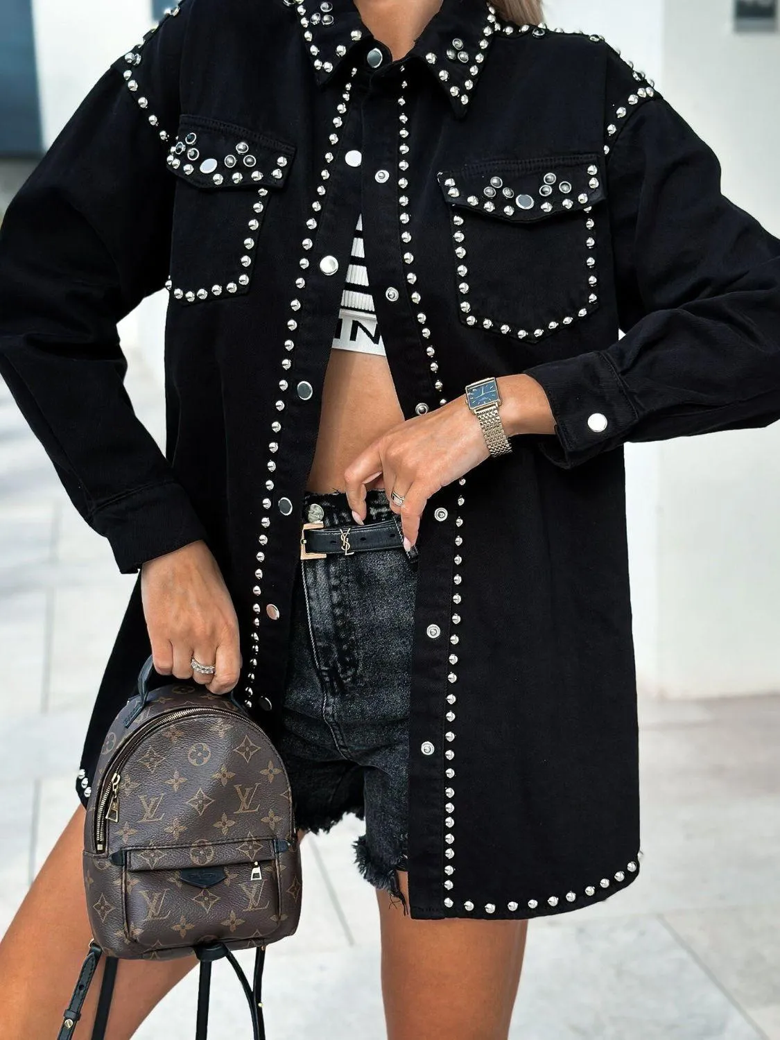 Studded Black Denim Shacket Snap Down Long Sleeve Belted Outwear