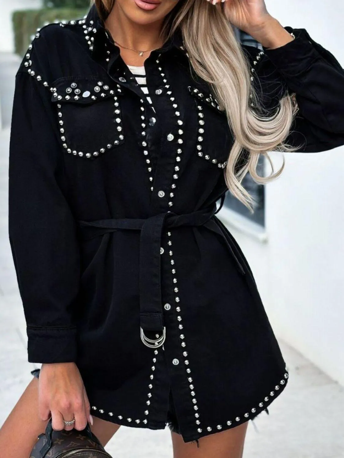 Studded Black Denim Shacket Snap Down Long Sleeve Belted Outwear