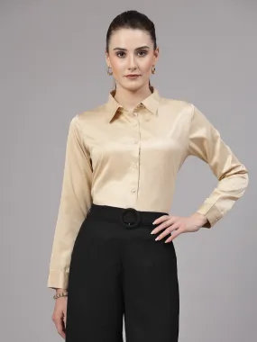 Style Quotient Women Champagne Satin Regular Formal Shirt