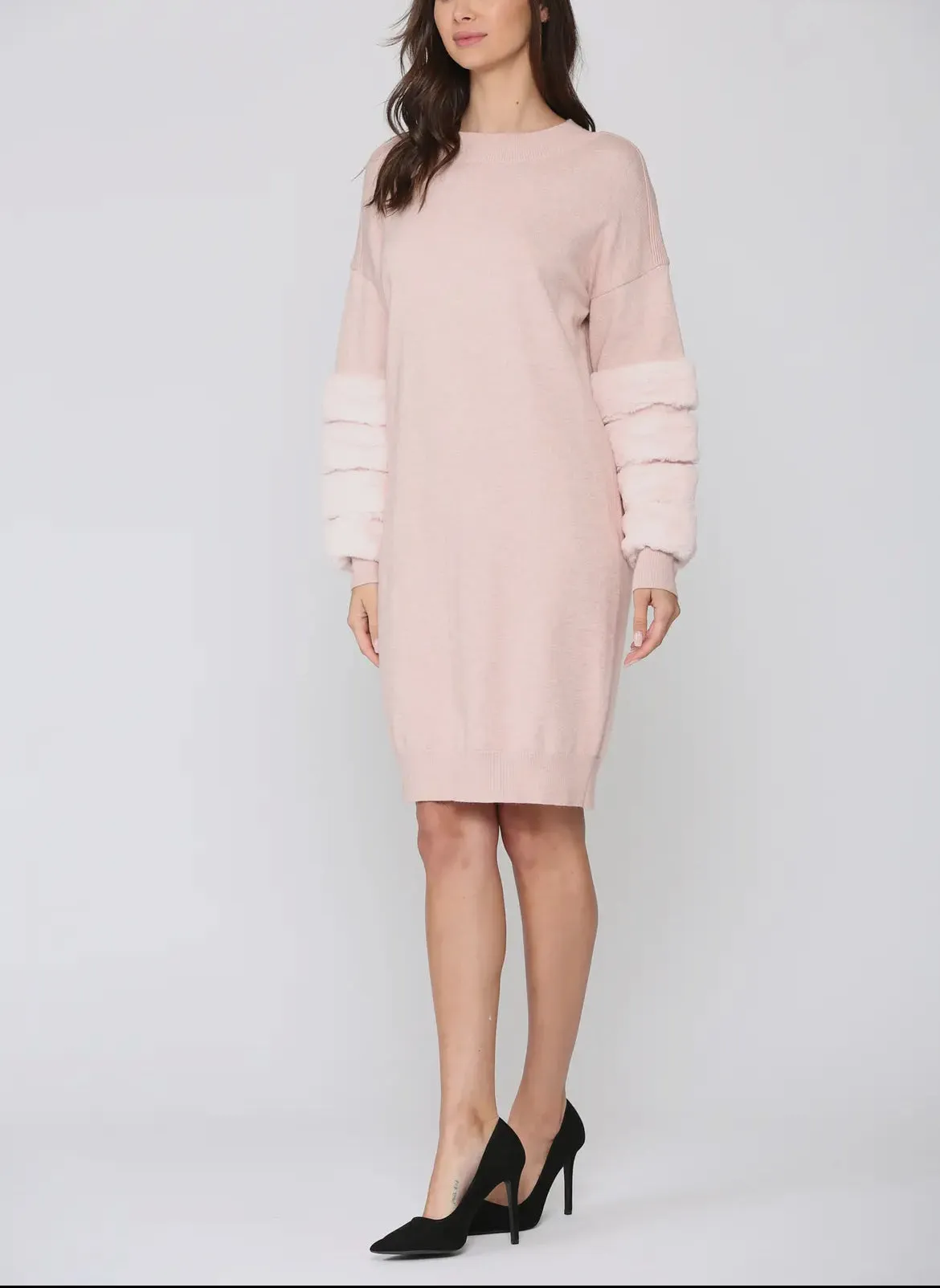 Sweater Knitted Dress with Faux Fur