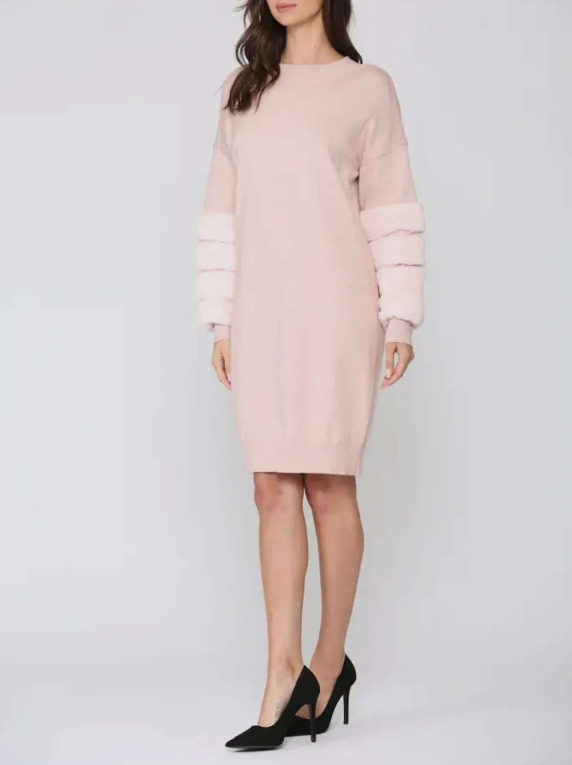 Sweater Knitted Dress with Faux Fur