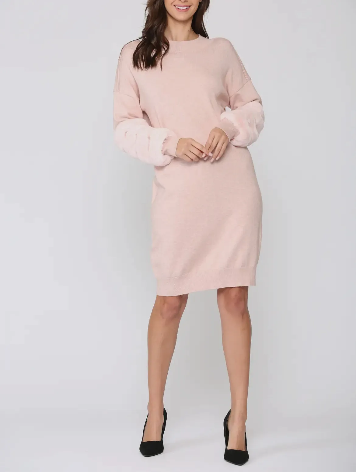 Sweater Knitted Dress with Faux Fur