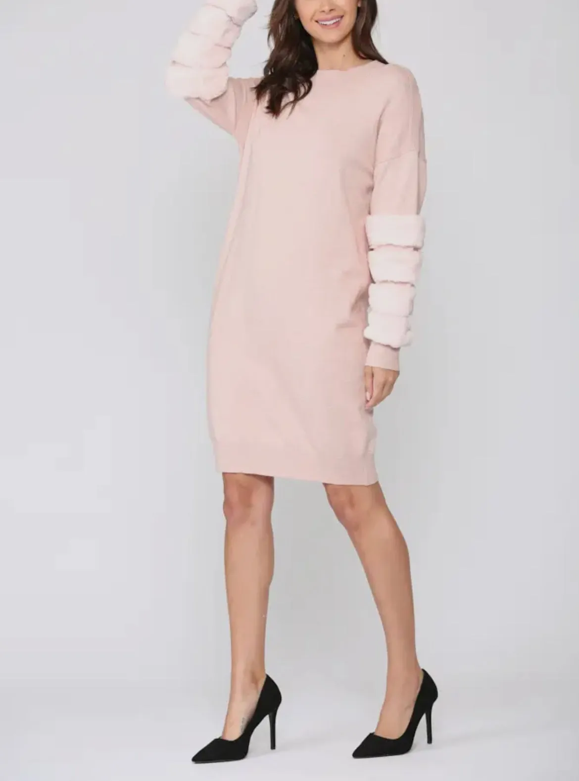 Sweater Knitted Dress with Faux Fur