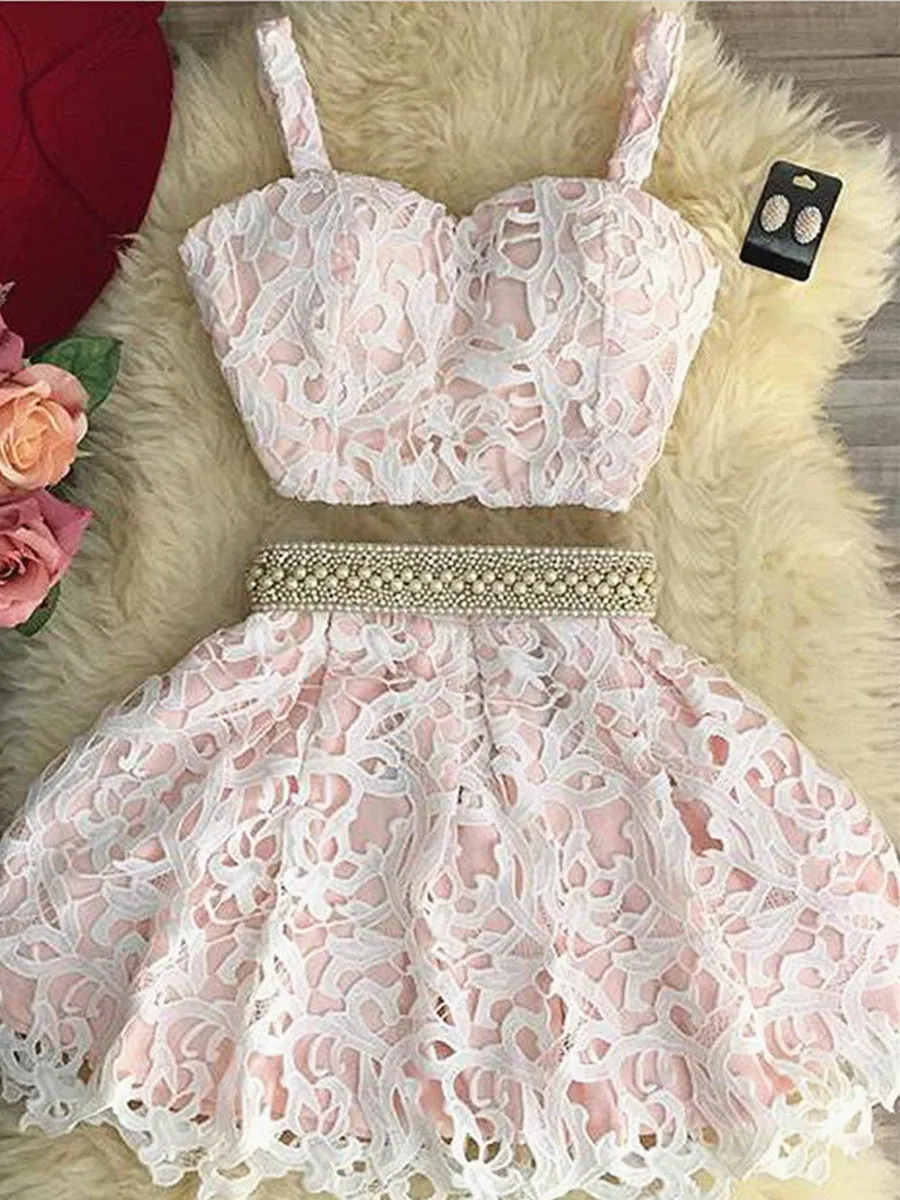 Sweetheart Neck Two Pieces Lace Pink Homecoming Short Prom, 2 Piece Pink Formal, Pink Lace Graduation, Evening