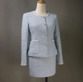 Tailor Made Bespoke Light Blue Suit Tweed  Blazer   Skirt for Women