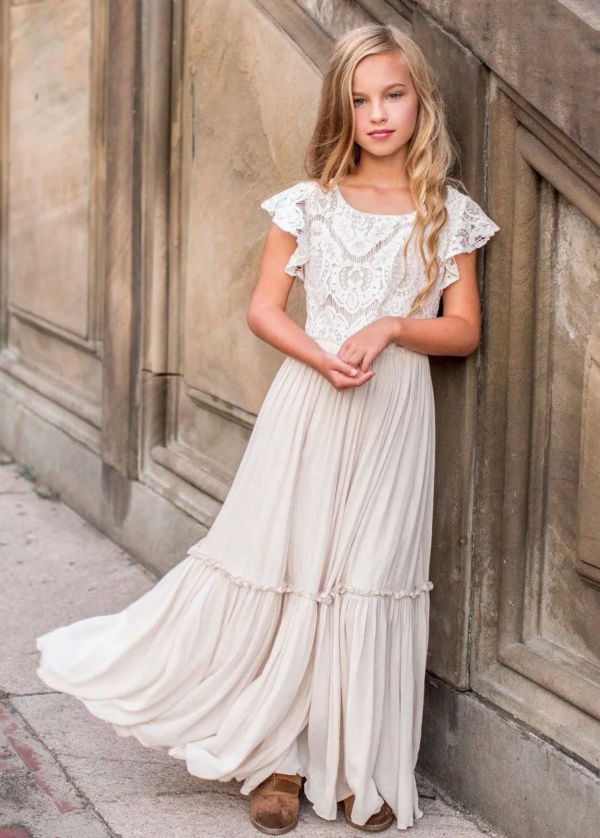 Talia - Girls Long Lace Boho Dress, Ivory