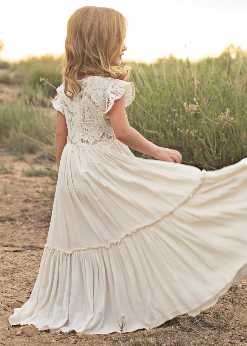 Talia - Girls Long Lace Boho Dress, Ivory