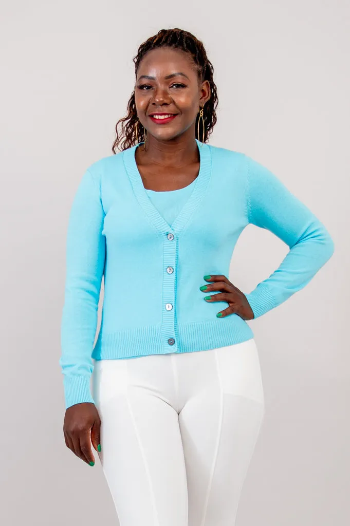 Tellie Cardigan, Turquoise, Cotton