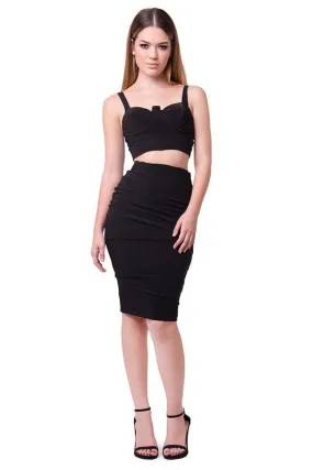 THE MYSTYLEMODE BLACK TWO PIECE FITTED BUSTIER CROP TOP AND PENCIL SKIRT SET