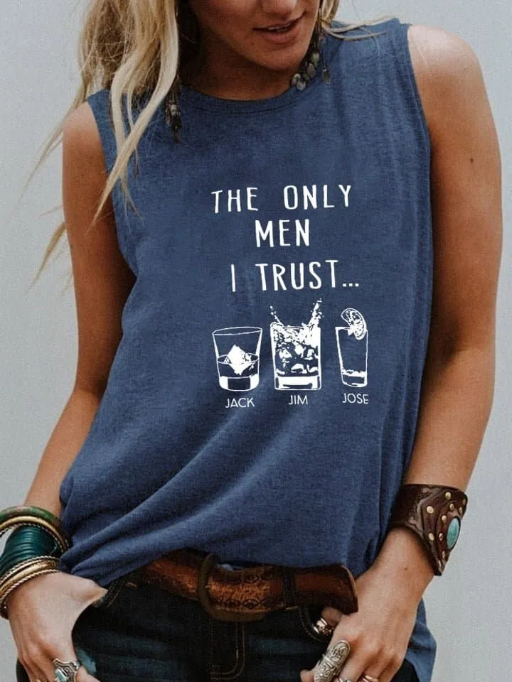 The Only Men I Trust Tank Top - Casual Cotton Polyester Blend - Women's Summer Letter Pattern Sleeveless Shirt