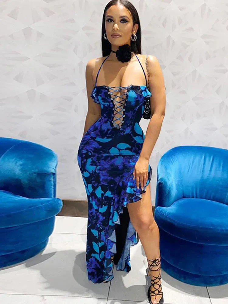 Tie Dye Print Lace Up Side Slit Ruffle Bodycon Midi Dress