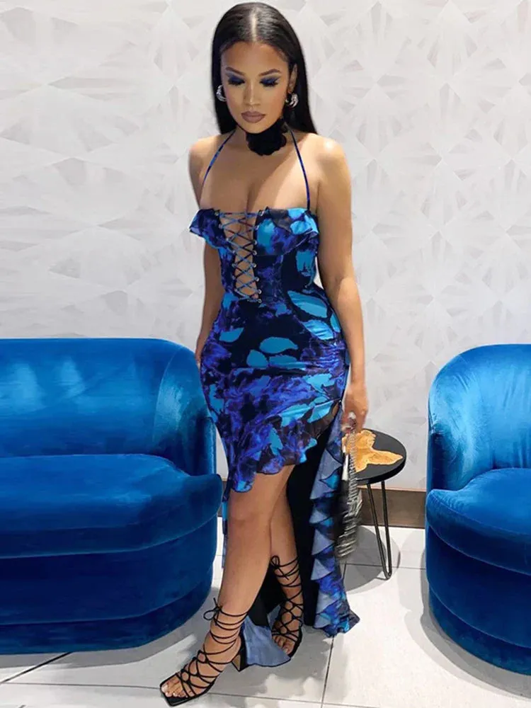 Tie Dye Print Lace Up Side Slit Ruffle Bodycon Midi Dress