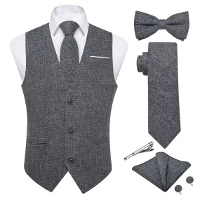 Ties2you Grey Solid Jacquard Men's Vest Necktie Bowtie Set