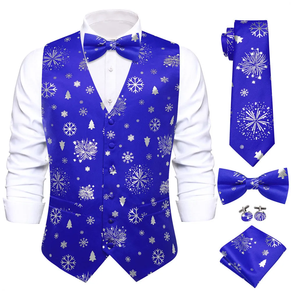 Ties2you Men's Vest Blue Silver Christmas Elements Silk Vest Necktie Bow Tie Handkerchief Cufflinks Set