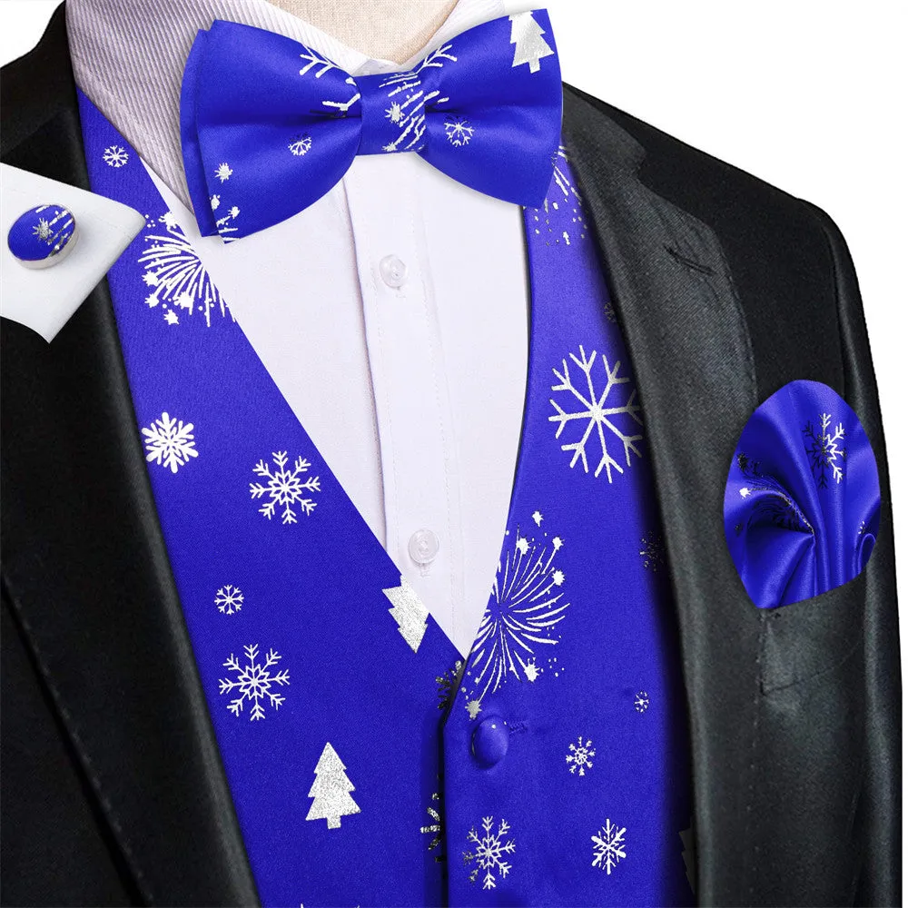 Ties2you Men's Vest Blue Silver Christmas Elements Silk Vest Necktie Bow Tie Handkerchief Cufflinks Set