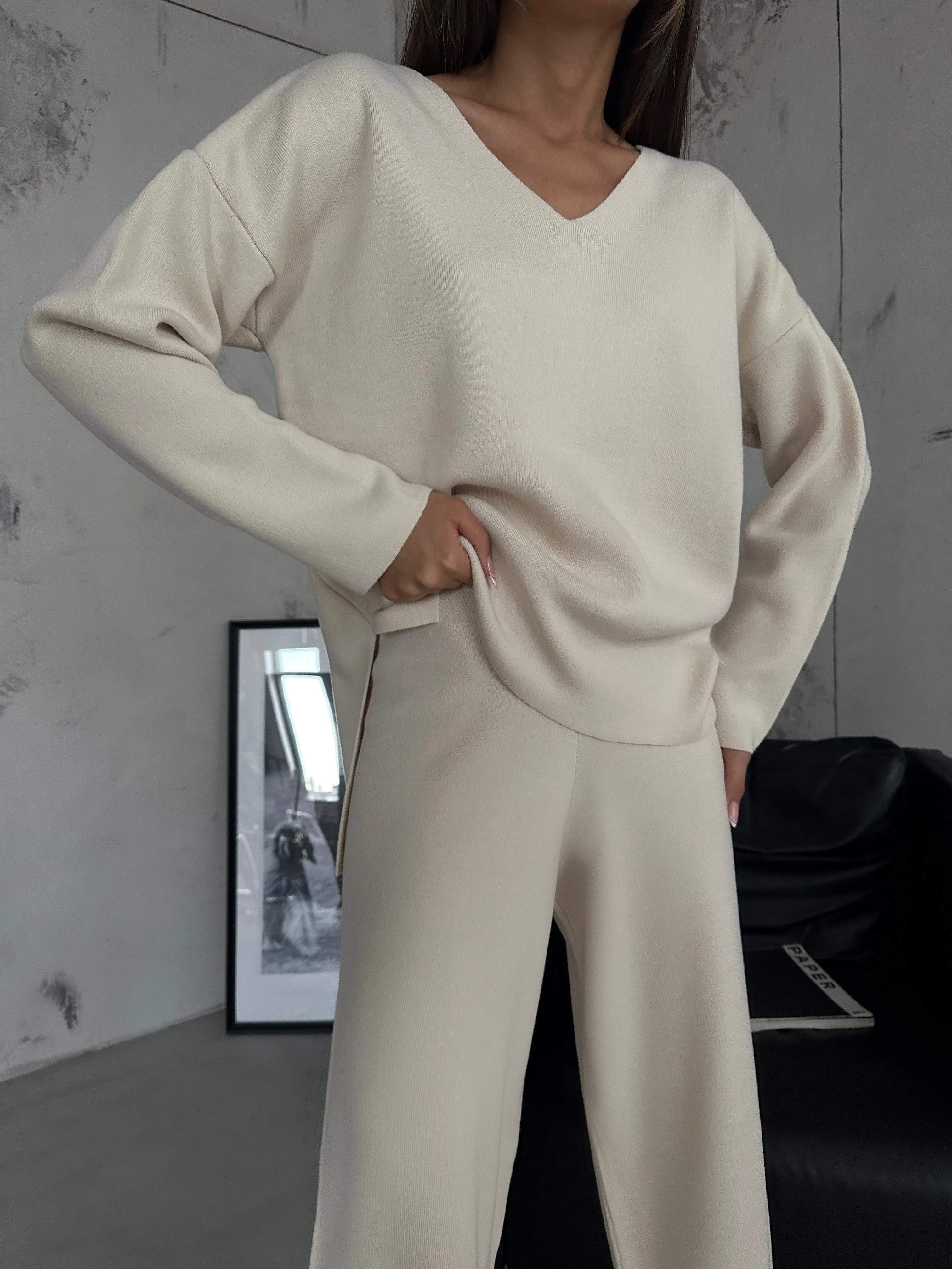 V Neck Knitwear Set Sweater And Trouser