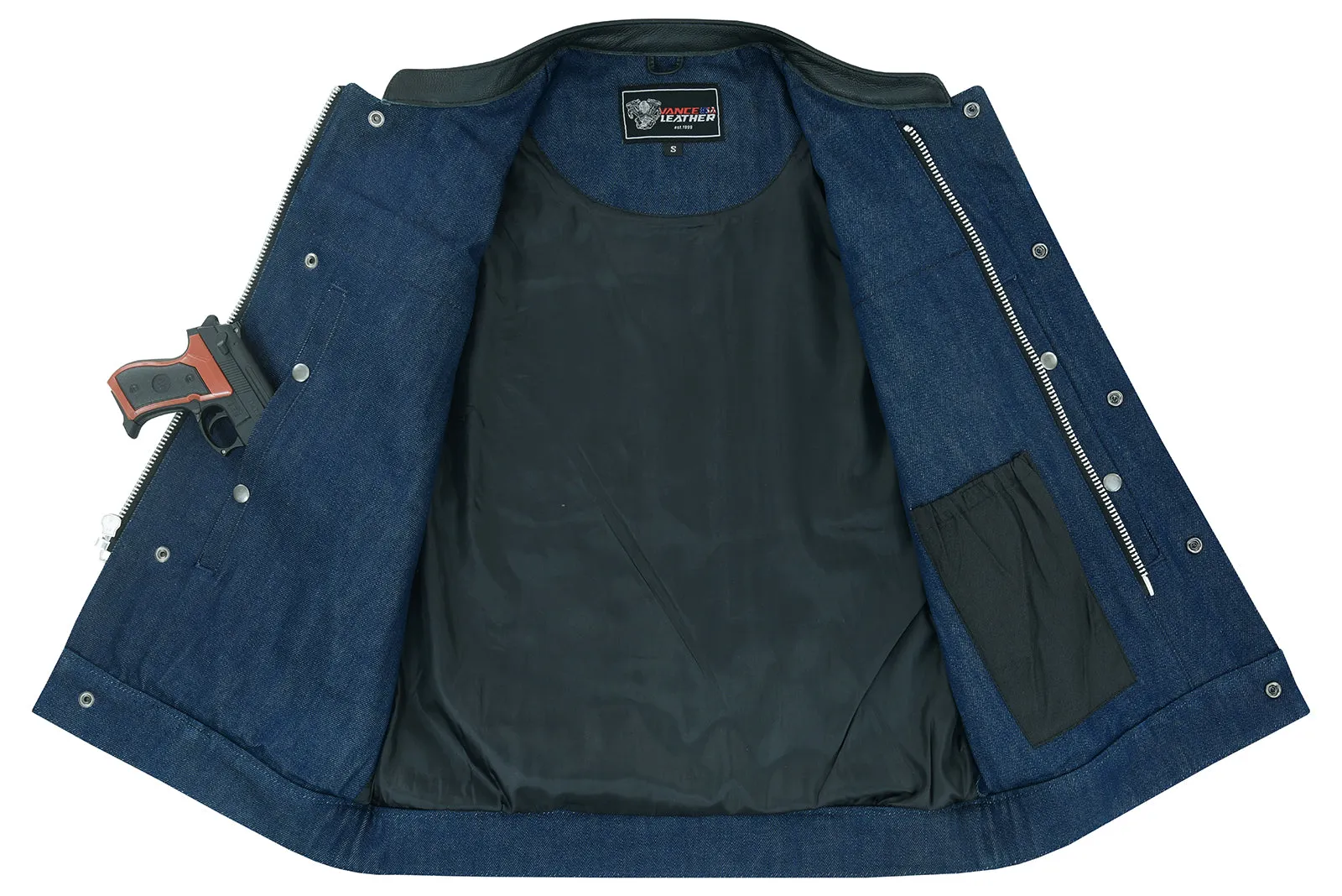 VB911L Denim Blue SOA Club Vest with Leather trims