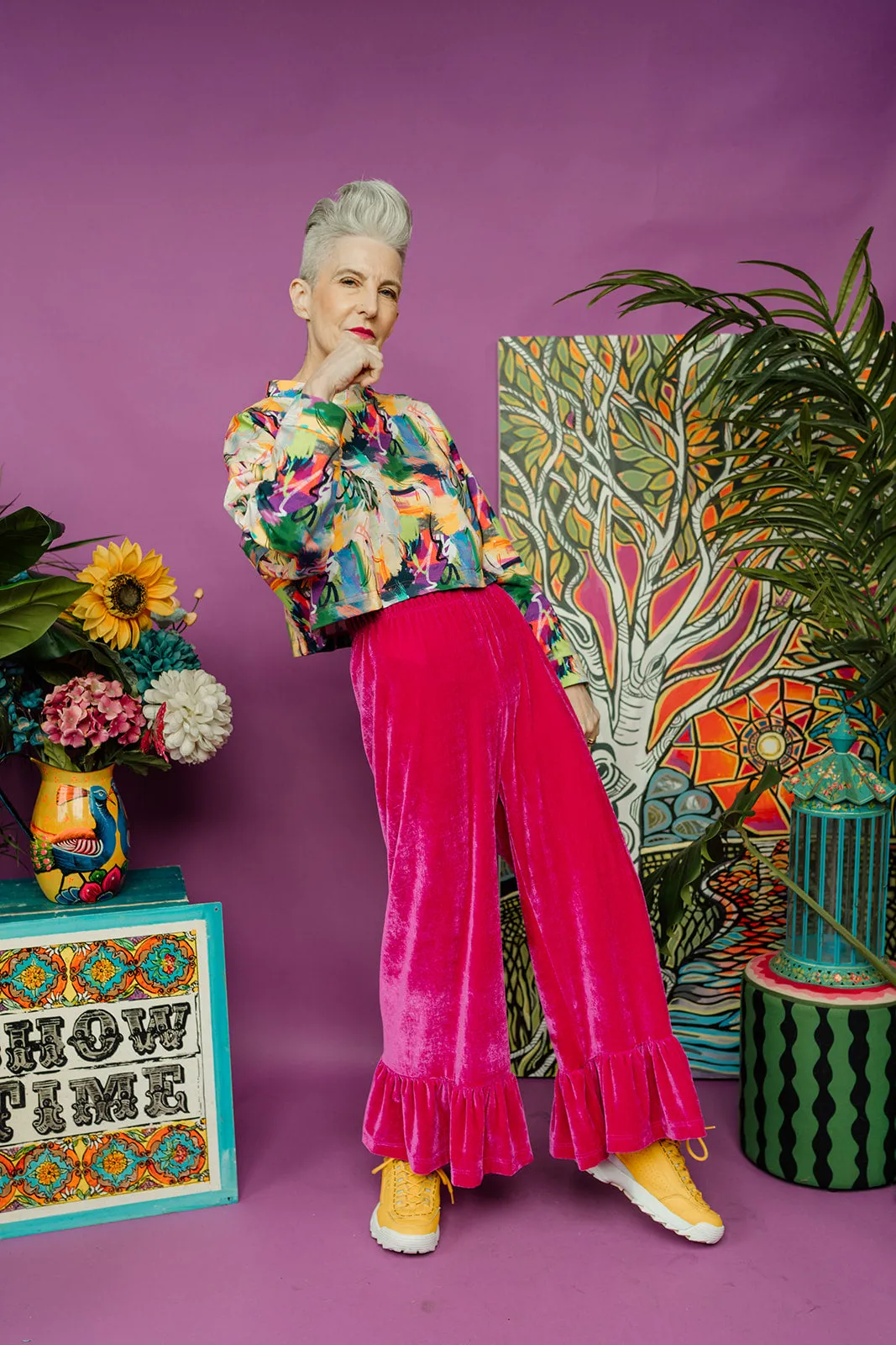 Velvet Ruffle Culottes in Bright Pink