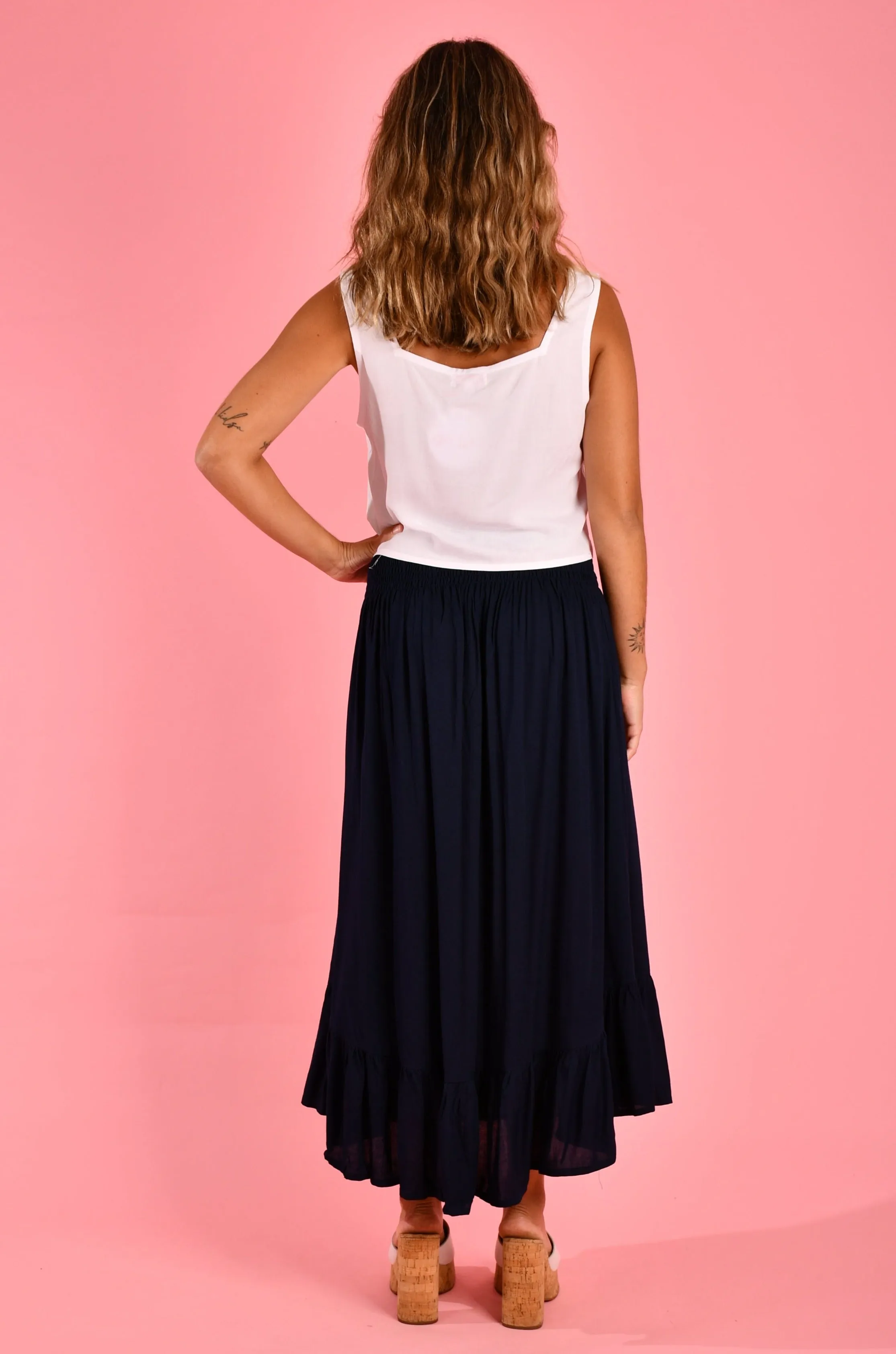 VGLK050 - ROUCHED SKIRT WITH BUTTON DETAIL - NAVY