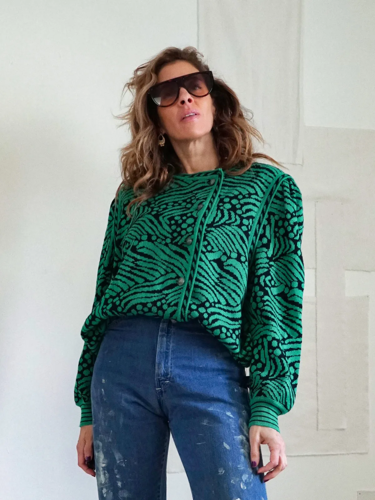 Vintage Green Abstract Print Sweater