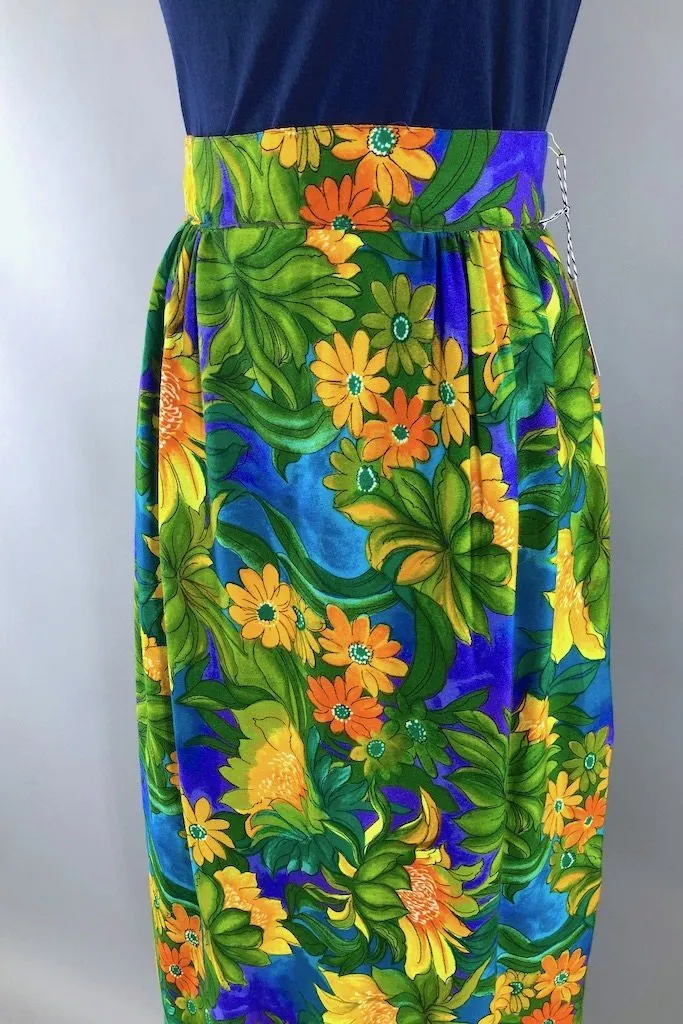 Vintage Green Hawaiian Print Maxi Skirt