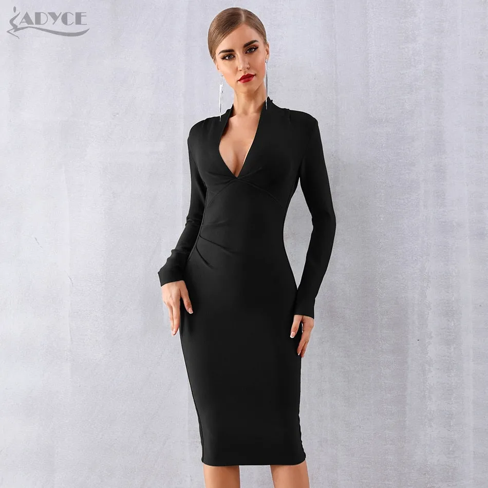 Wenkouban 2022 New Winter Women Bandage Dress Sexy Deep V Neck Long Sleeve Bodycon Club Black Midi Celebrity Evening Party Dresses