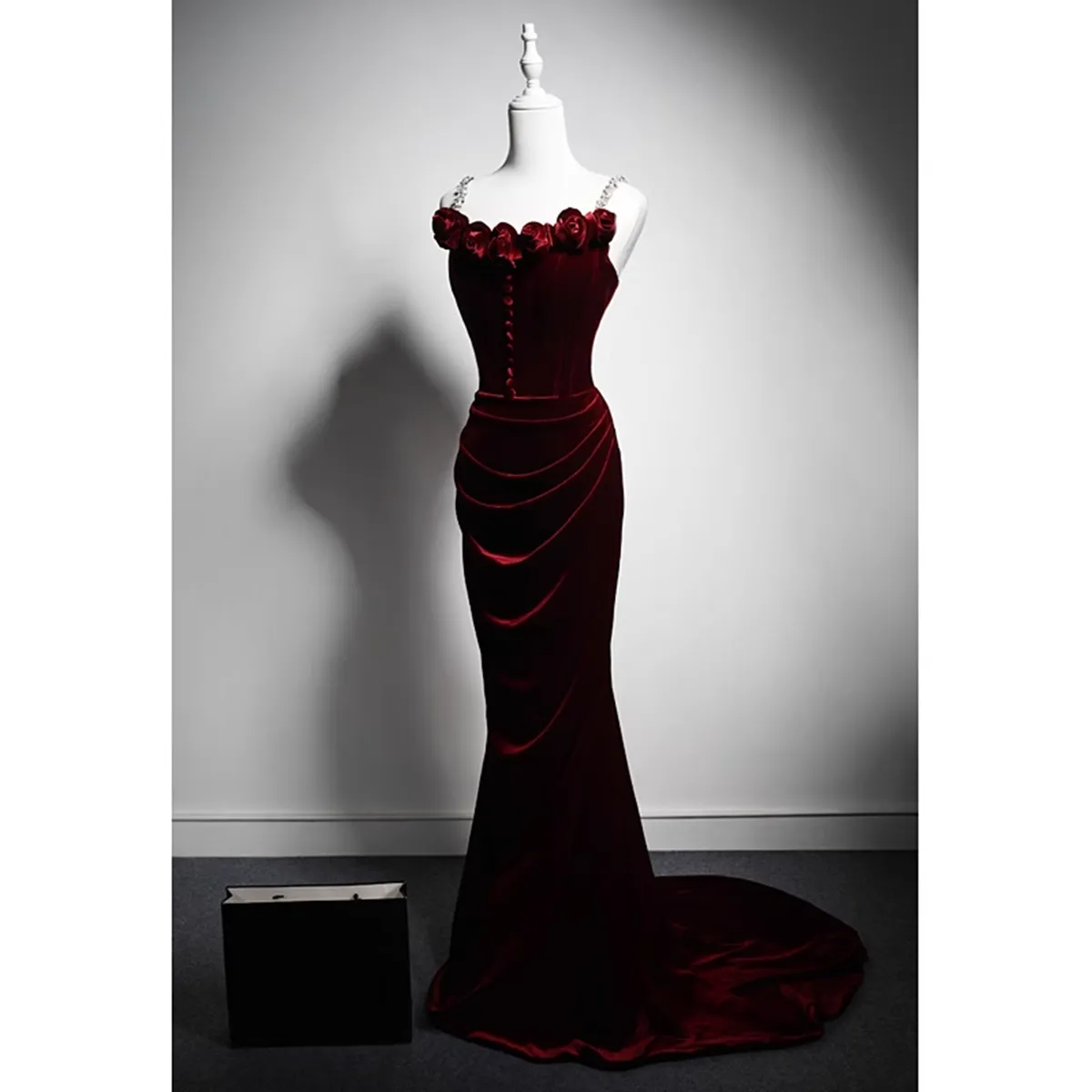 Wine Red Velvet Mermaid Long Straps Evening Dress, Wine Red Velvet Party Dress