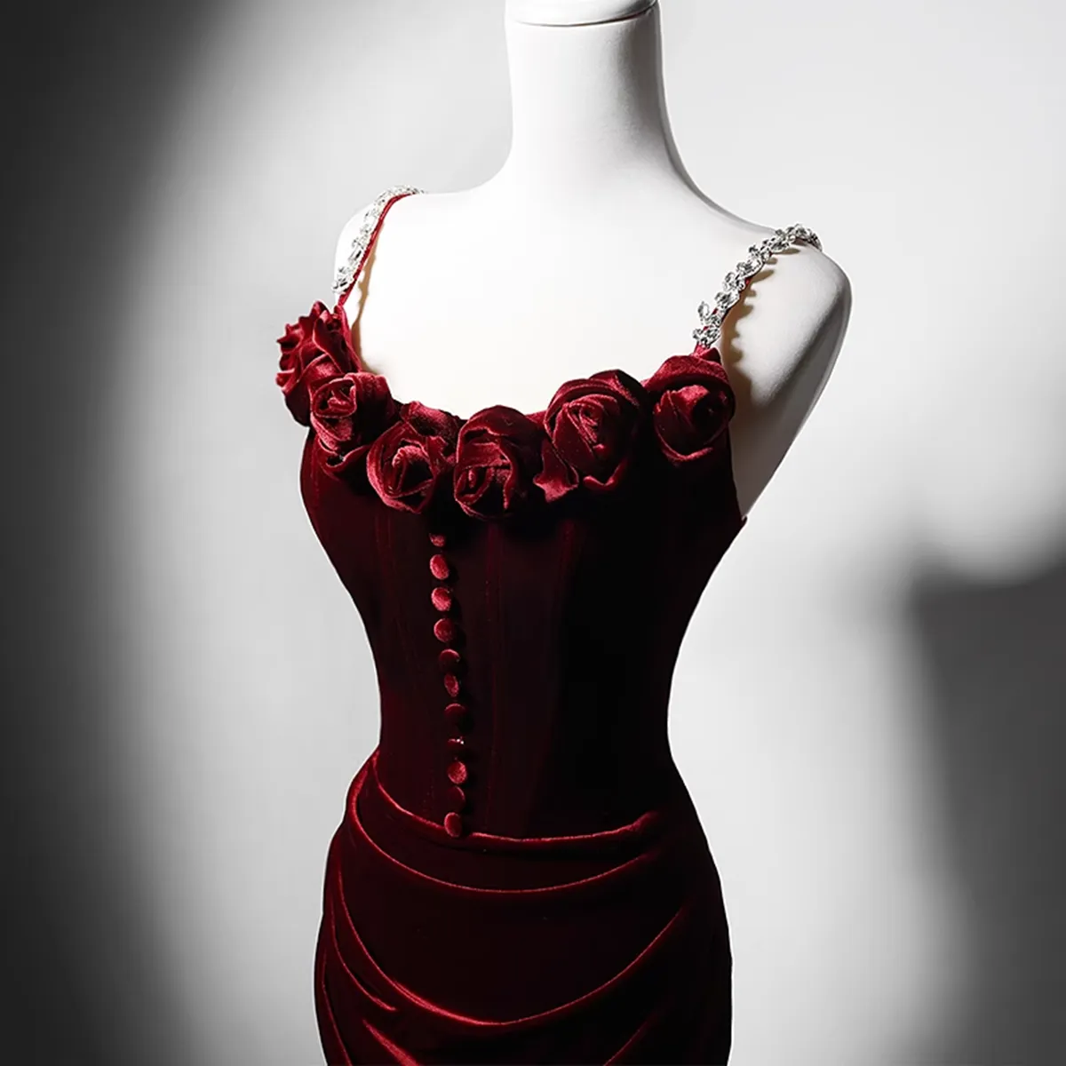 Wine Red Velvet Mermaid Long Straps Evening Dress, Wine Red Velvet Party Dress