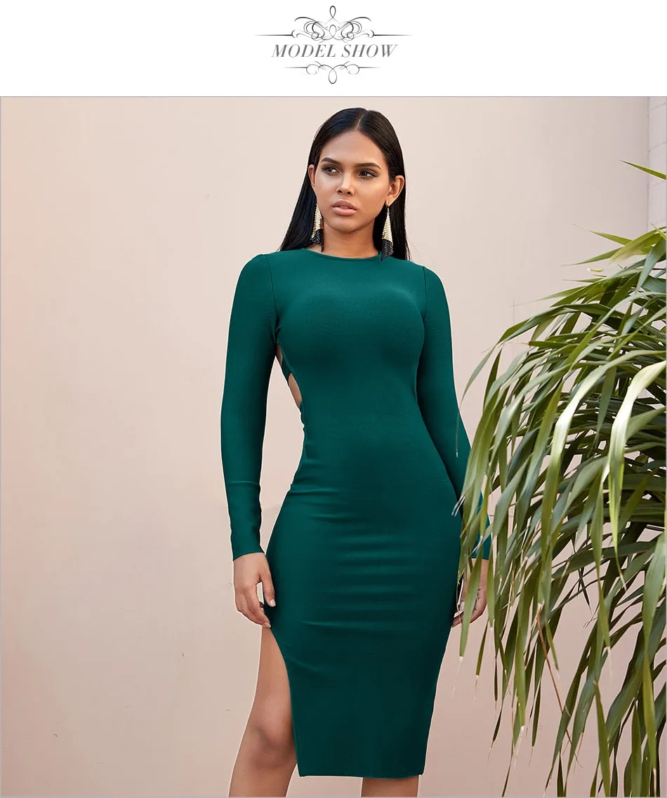 Winter Long Sleeve Green Runway Bandage Hollow Out Backless Club Celebrity Evening Party Dresses