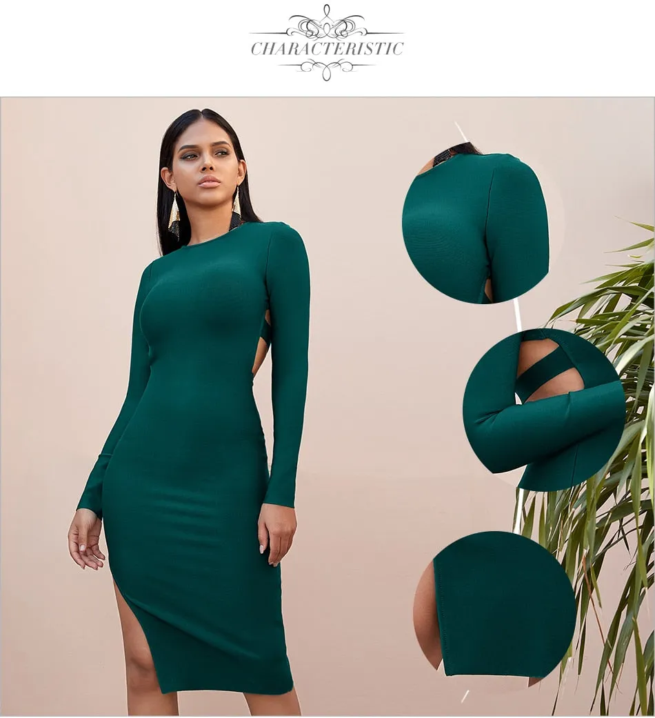 Winter Long Sleeve Green Runway Bandage Hollow Out Backless Club Celebrity Evening Party Dresses