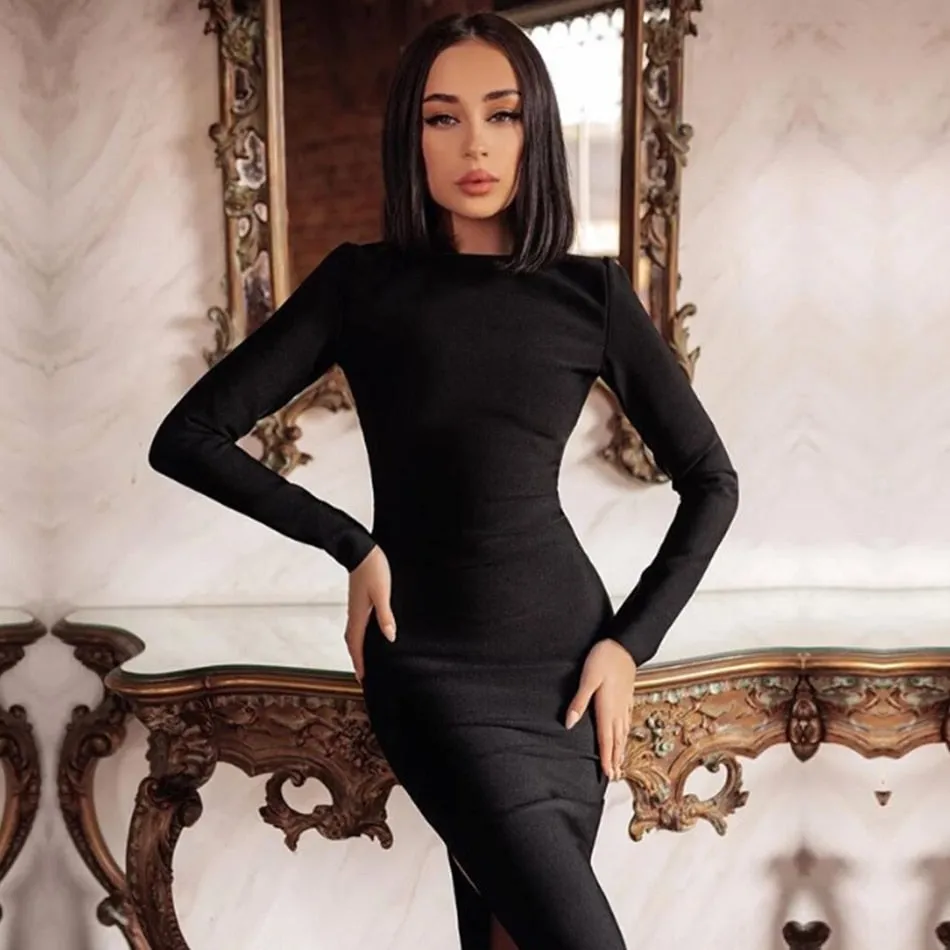 Winter Long Sleeve Green Runway Bandage Hollow Out Backless Club Celebrity Evening Party Dresses