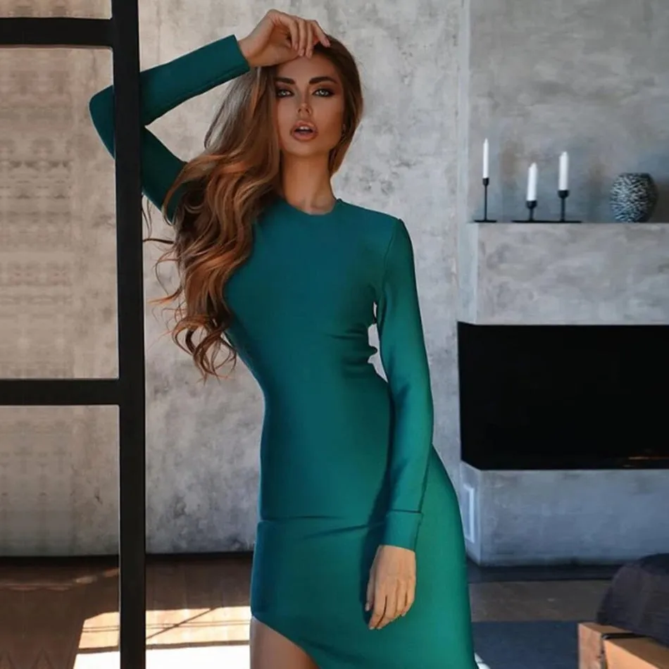 Winter Long Sleeve Green Runway Bandage Hollow Out Backless Club Celebrity Evening Party Dresses