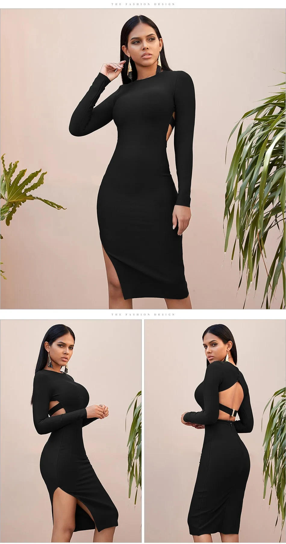 Winter Long Sleeve Green Runway Bandage Hollow Out Backless Club Celebrity Evening Party Dresses