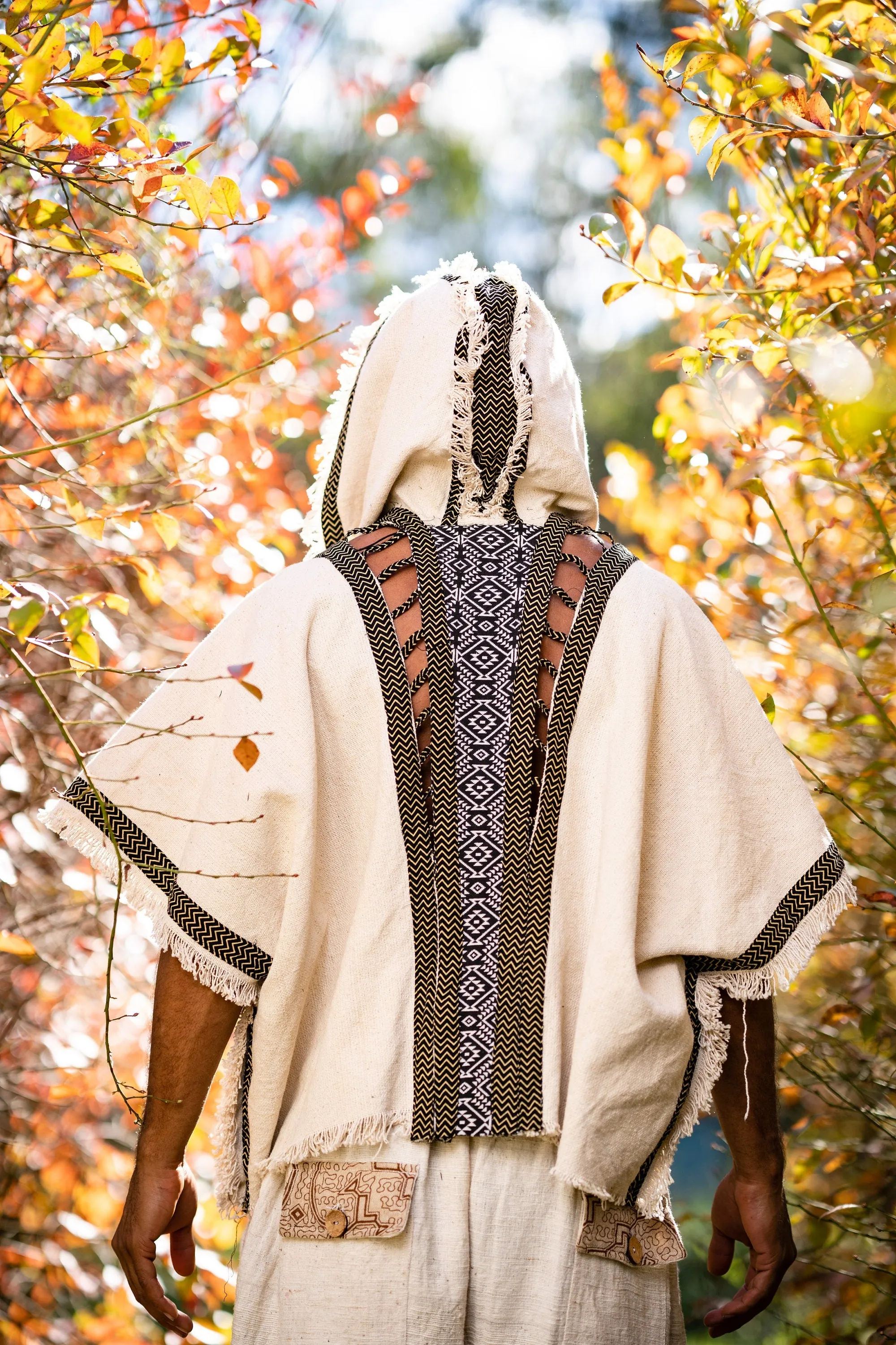 WIZARD Mens Hooded Kimono Vest Grey Tribal Pattern Alchemist Sorcerer Ritual Ceremony Gypsy Festival Magic Alchemy Primitive Boho AJJAYA