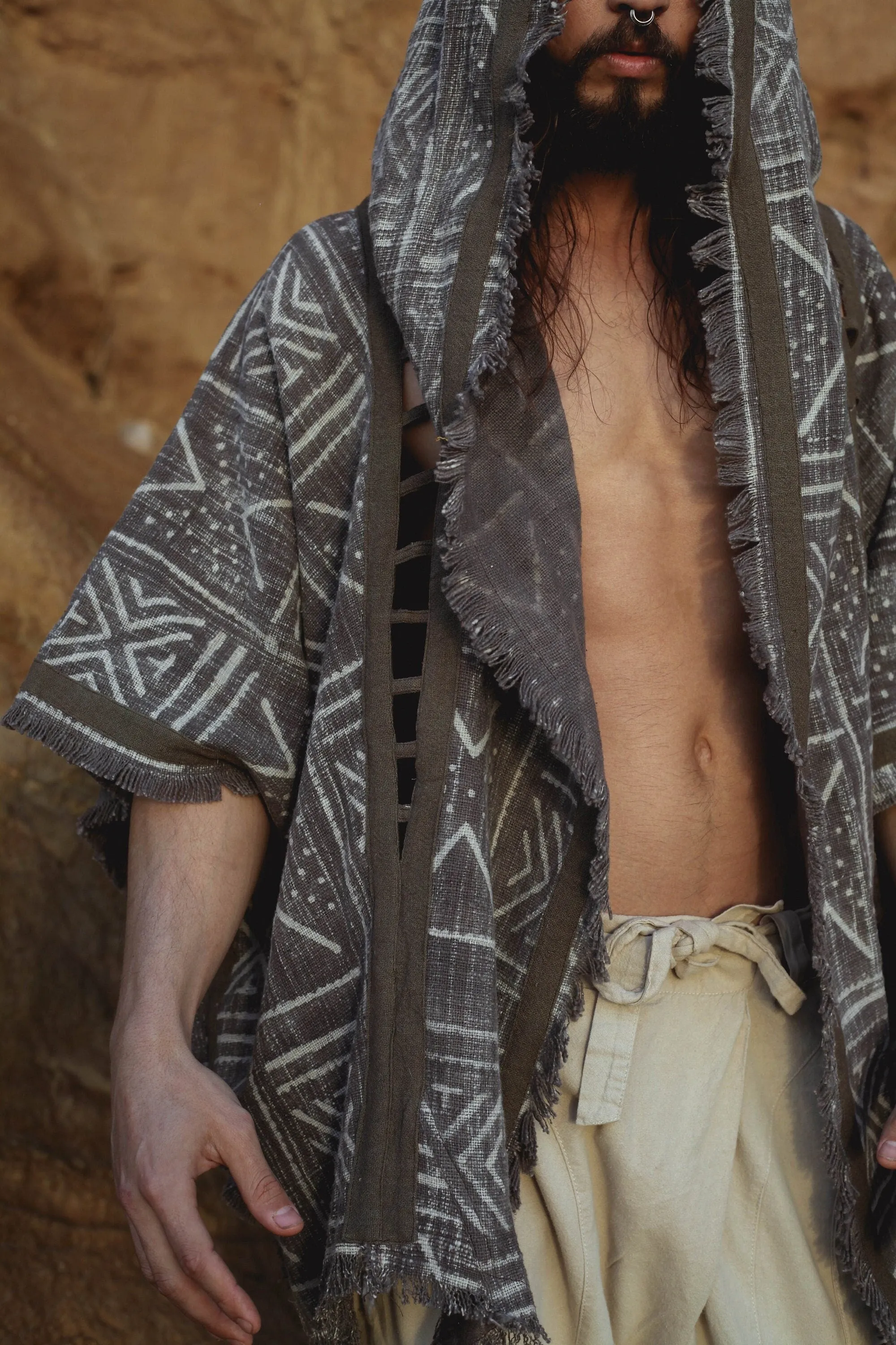 WIZARD Mens Hooded Kimono Vest Grey Tribal Pattern Alchemist Sorcerer Ritual Ceremony Gypsy Festival Magic Alchemy Primitive Boho AJJAYA