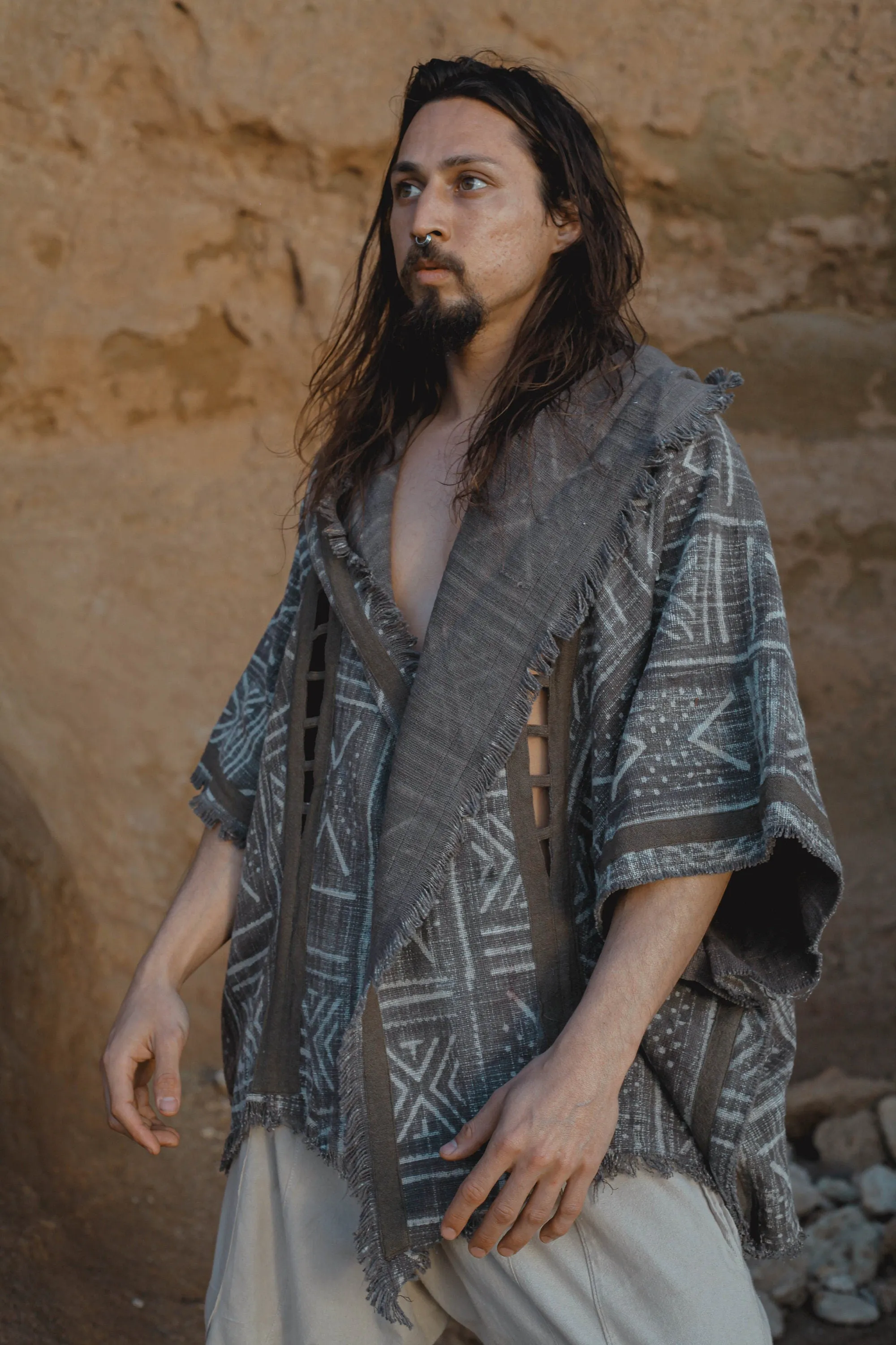 WIZARD Mens Hooded Kimono Vest Grey Tribal Pattern Alchemist Sorcerer Ritual Ceremony Gypsy Festival Magic Alchemy Primitive Boho AJJAYA