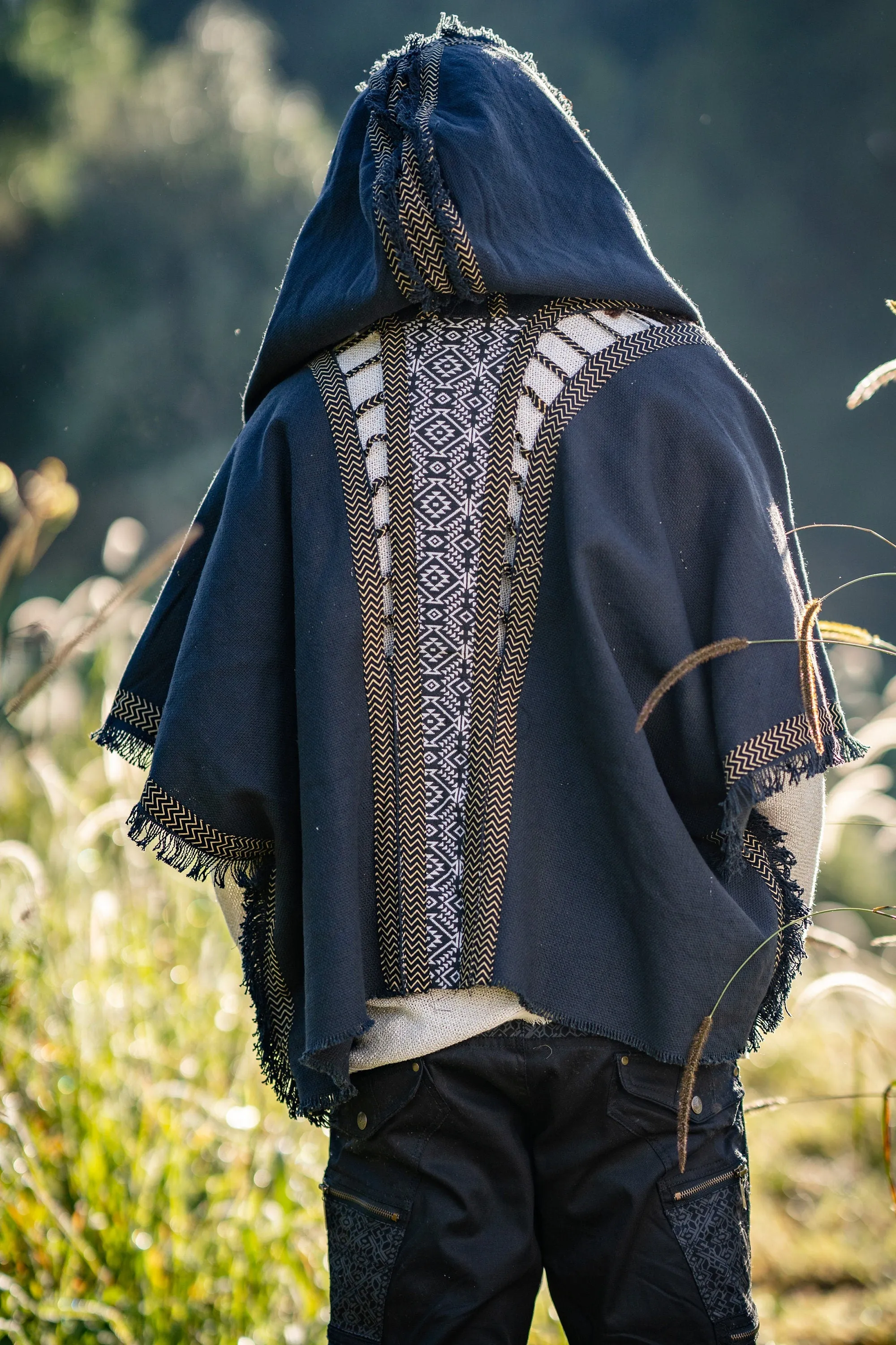 WIZARD Mens Hooded Kimono Vest Grey Tribal Pattern Alchemist Sorcerer Ritual Ceremony Gypsy Festival Magic Alchemy Primitive Boho AJJAYA