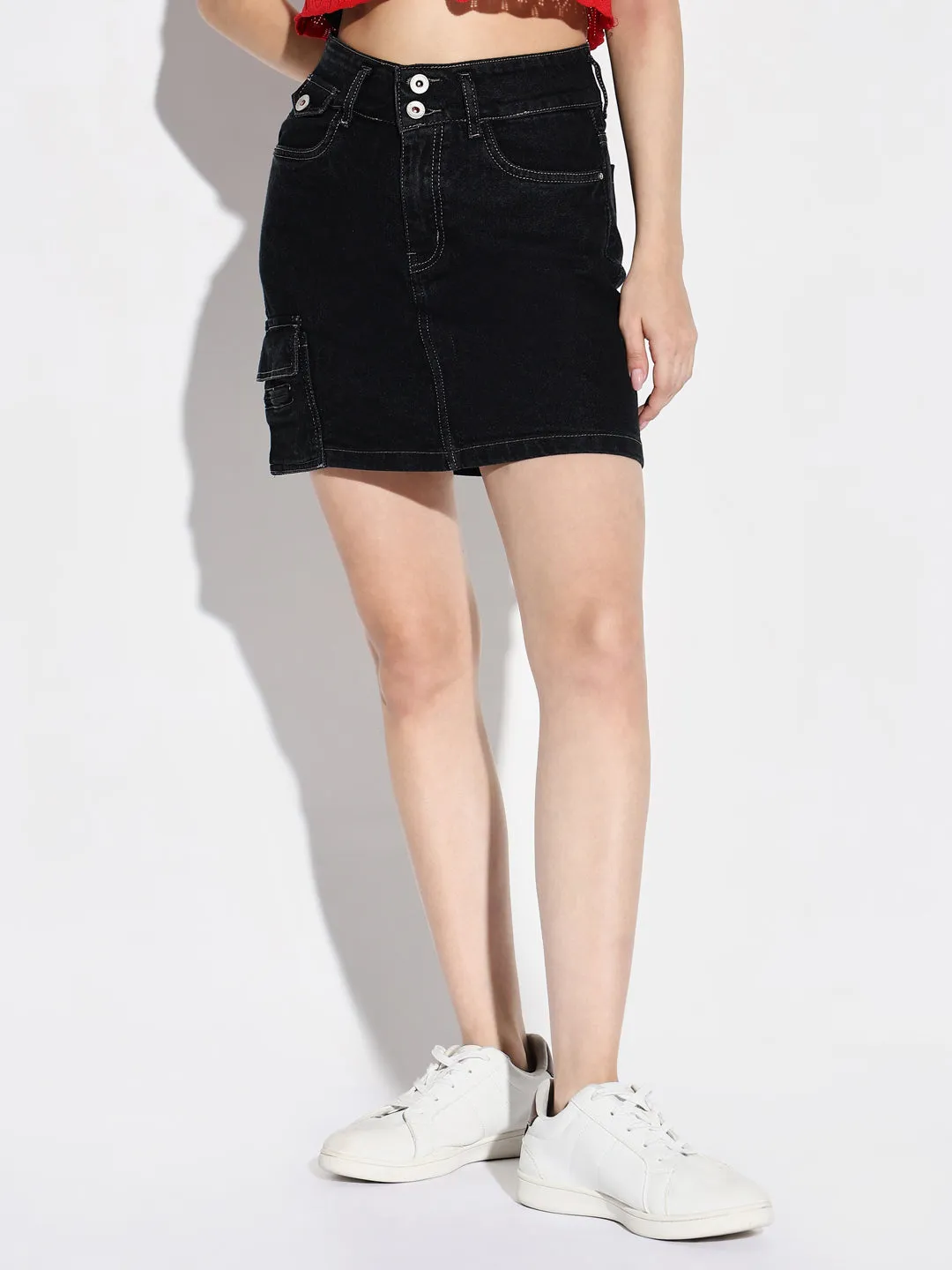 Women Black Solid Pencil Denim Skirt