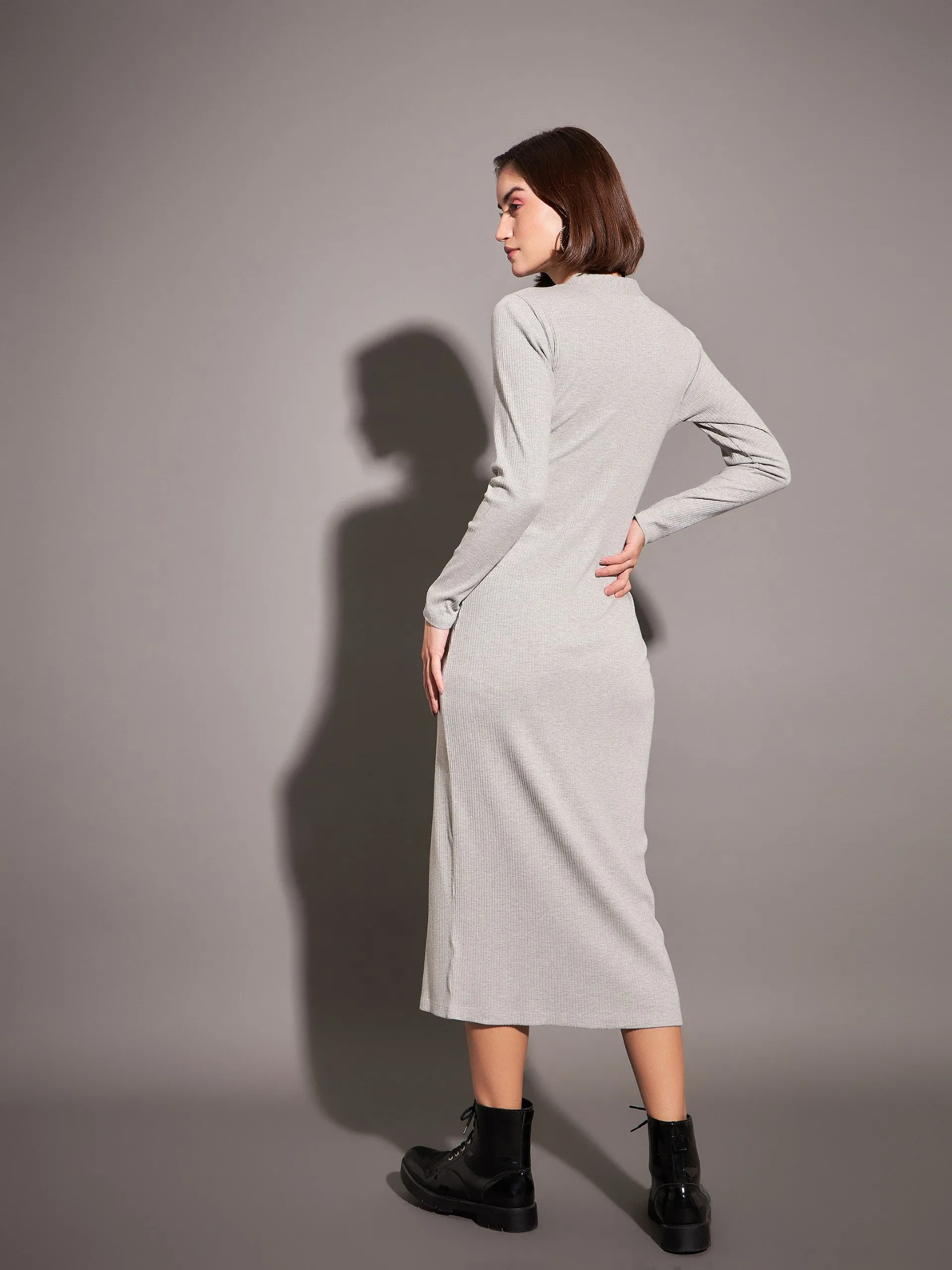 Women Grey Rib Front Button Midi Dress