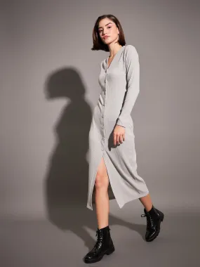 Women Grey Rib Front Button Midi Dress