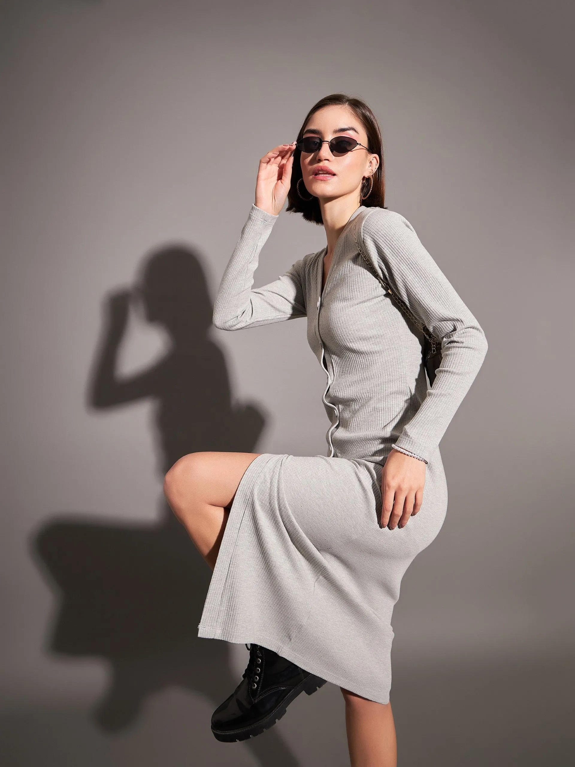 Women Grey Rib Front Button Midi Dress