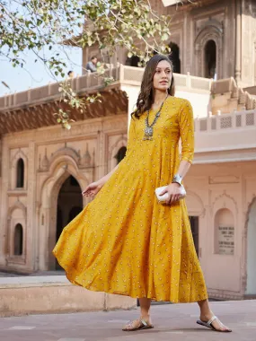 Women Yellow Lotus Floral Long Anarkali Kurta