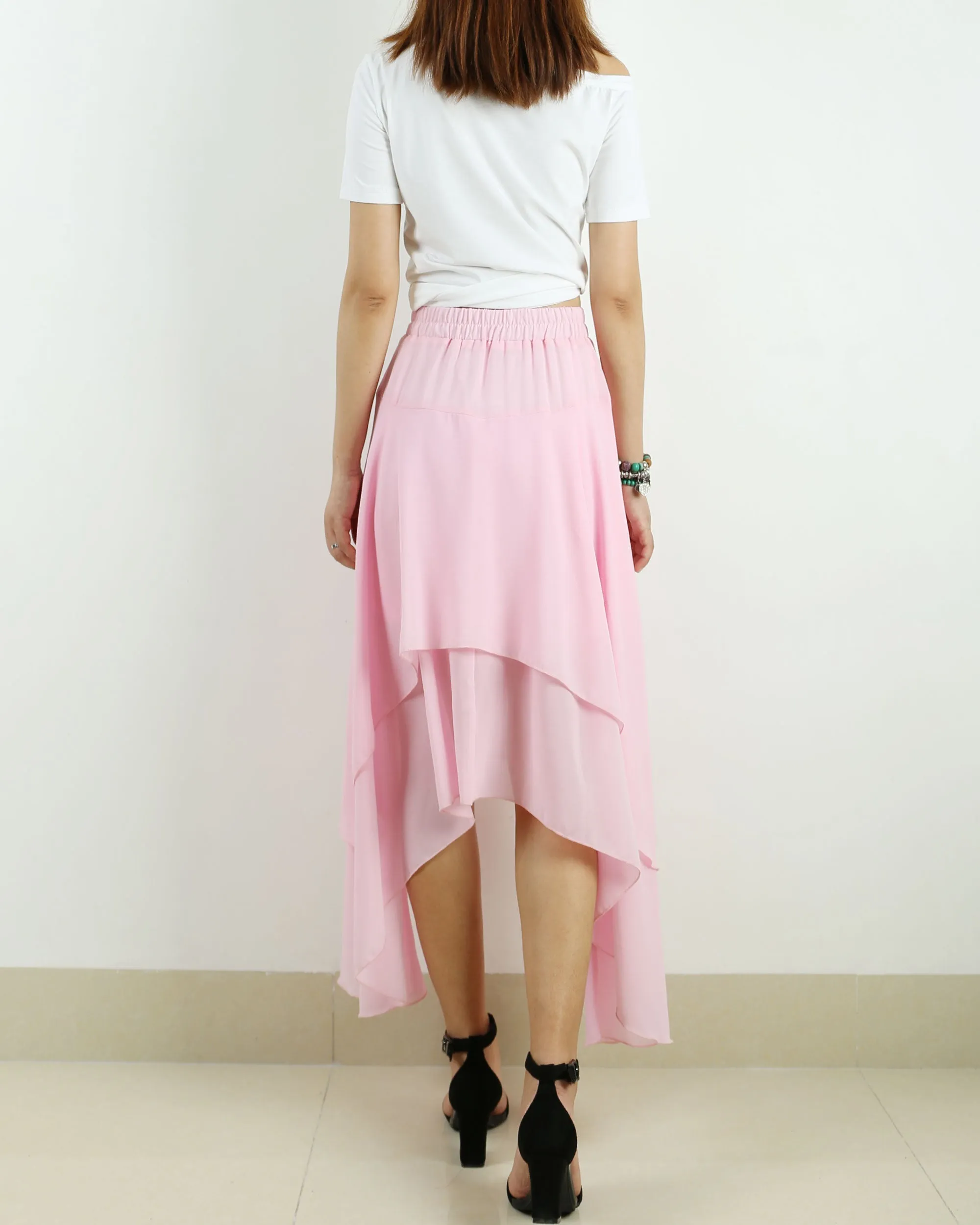 Women's chiffon skirt, asymmetrical skirt, elastic waist skirt, customized summer skirt(Q1004)