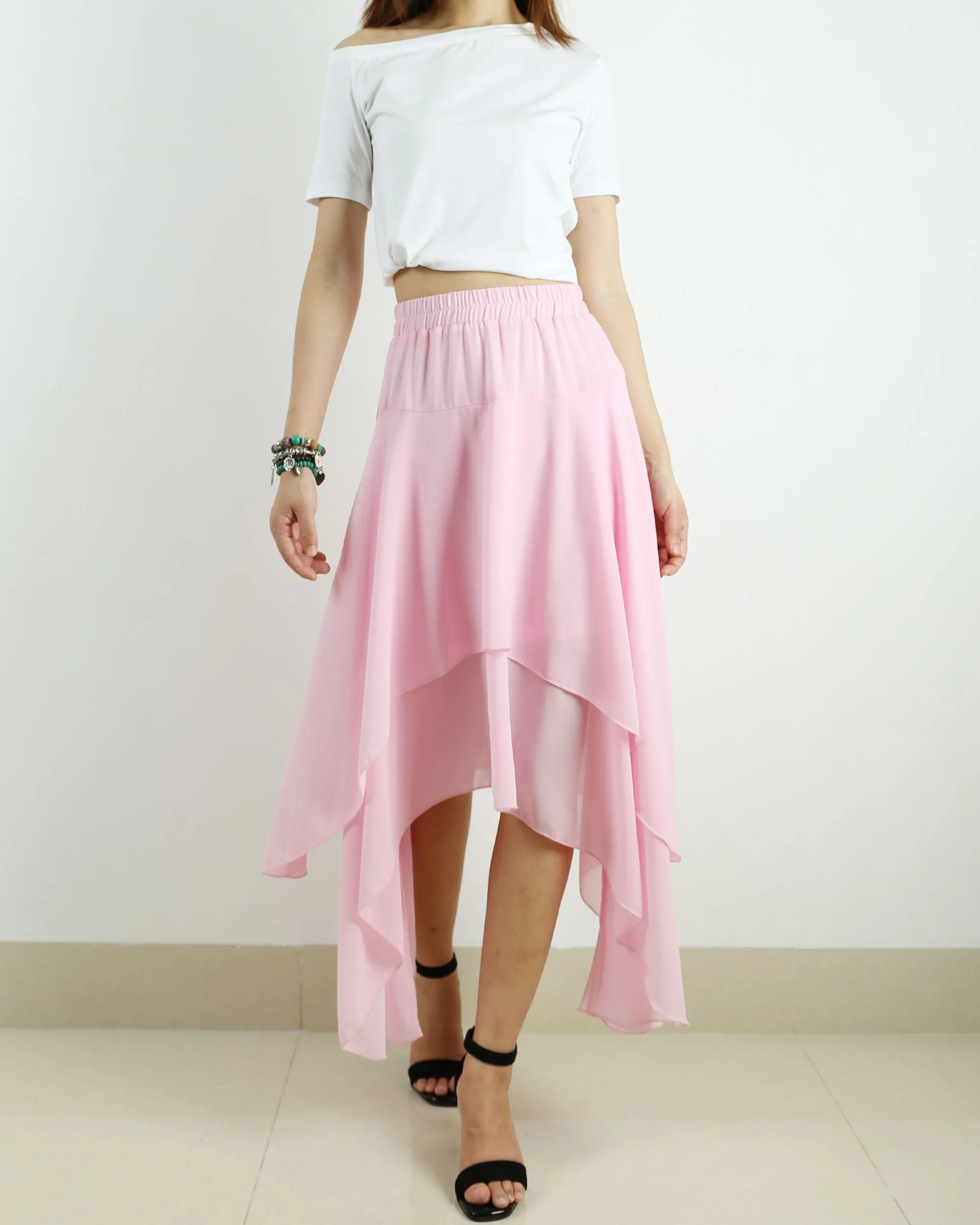 Women's chiffon skirt, asymmetrical skirt, elastic waist skirt, customized summer skirt(Q1004)