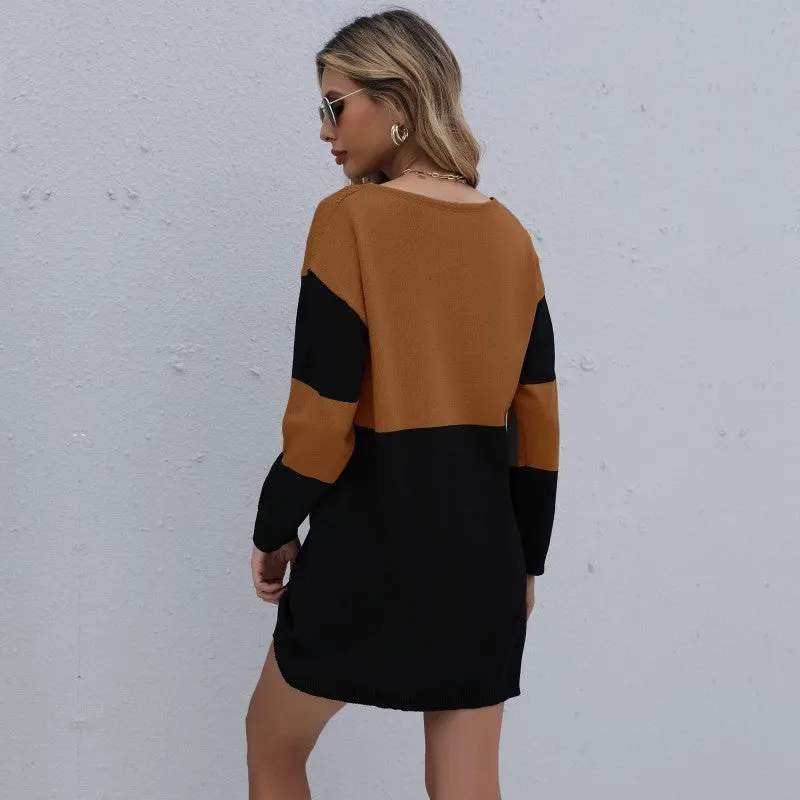 Women's Fashionable Round Neck Sweater Dress with Color Block